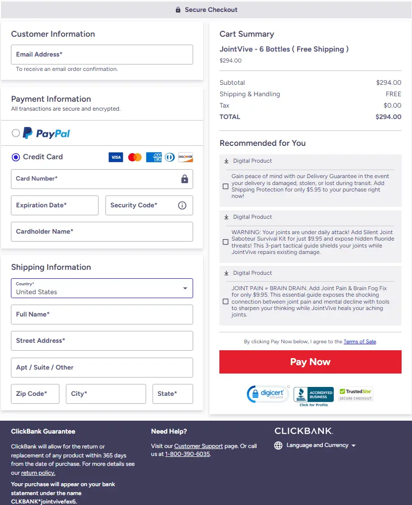 JointVive® Secure Order Form